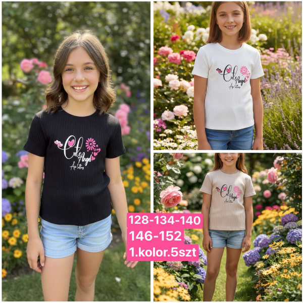 Bluzki dziewczęce Roz 128-152, 1 kolor Paczka 5 szt